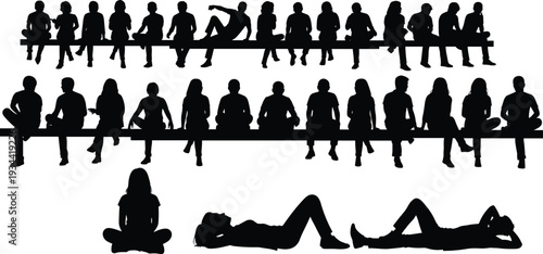 Large set of people sitting on bench silhouettes, relaxed poses, reclining figures, casual group, isolated on white background, vector illustration,