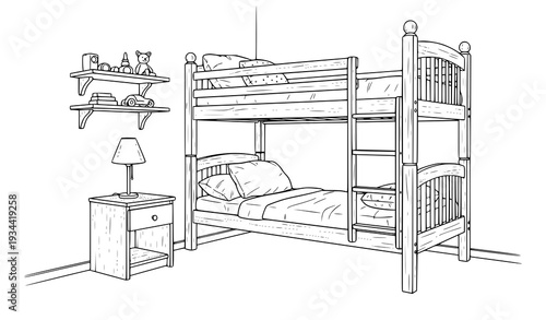 Children Room Bunk Bed Black and White Interior Sketch Vector Illustration on White Background