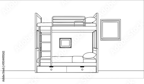 Modern Kids Bedroom with Bunk Bed Minimalist Black and White Line Art Vector