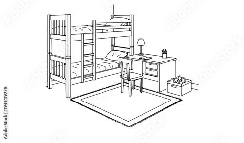 Cozy Children Room Corner with Bunk Bed Black and White Sketch Vector Illustration