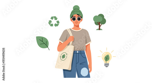 Eco-Friendly Lifestyle Illustration: Young Person with Reusable Tote Bag, Surrounded by Sustainable Symbols like Recycling, Tree, Leaf, and Green Energy Lightbulb
