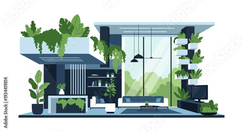 Stylish Modern Living Room Interior with Abundant Indoor Greenery and Biophilic Design – Minimalist Flat Illustration