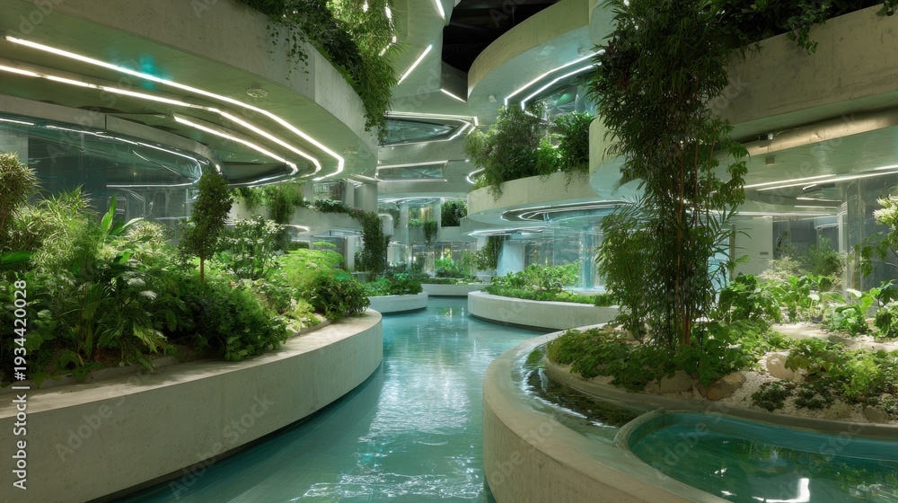 Fototapeta premium Futuristic indoor botanical garden with water features
