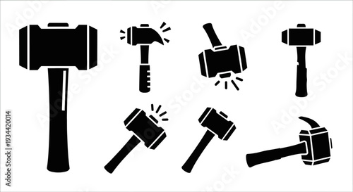 Diverse collection of black hammer silhouettes, featuring various types of essential hand tools for building, crafting, and repair projects, ideal for graphic design elements