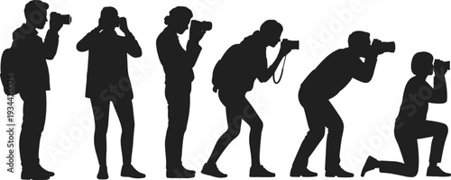 Photographer silhouettes set capturing images with camera in different poses representing professional photography, media work and creative shooting concept in vector style