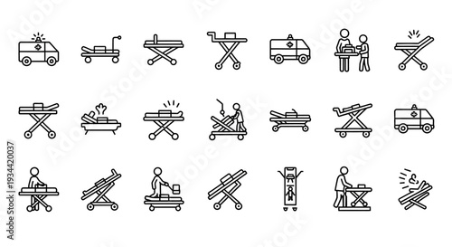 Collection of Medical Stretcher Icons in Various Configurations and Uses, Including Patient Transport and Emergency Services