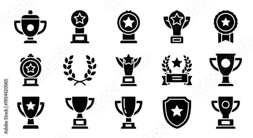 Solid black vector icons of trophies and awards, symbolizing victory, success, and achievement. Diverse set of championship cups, medals, and winning emblems for design excellence