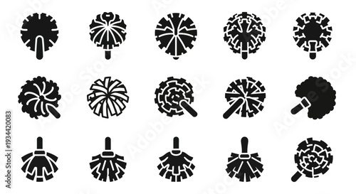 Dynamic collection of cheerleading pom-pom silhouette icons, representing vibrant energy and fan spirit for sports events, celebrations, and festive graphic design concepts