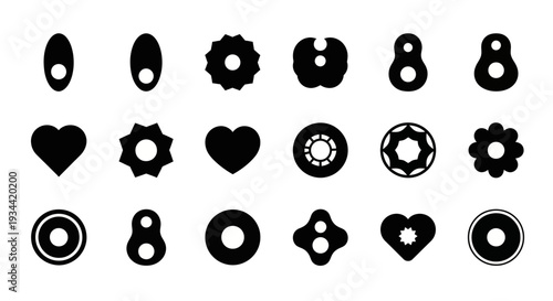 A collection of diverse black and white vector icons representing various shapes and forms, including hearts, gears, and abstract figures, suitable for graphic design and branding