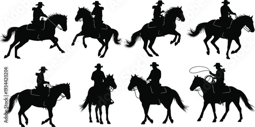 Set of cowboy riding horse silhouettes, western ranch lifestyle collection, equestrian figures with lasso, black vintage rodeo icons isolated on white background