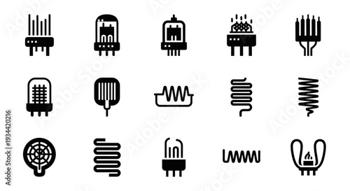 Diverse vector icons illustrating fundamental electronic components and industrial heating elements, crucial for electrical engineering and modern technology concepts