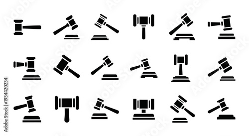 Collection of diverse black silhouette gavel icons, symbolizing justice, law, judgment, and court proceedings for legal-themed designs and digital applications, representing authority and order