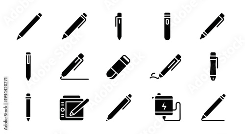 Collection of various writing and drawing instruments, including pens, stylus, and drafting tools, in a minimalist black and white icon set