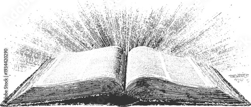 Open book with radiating light beams and textured pages in black and white