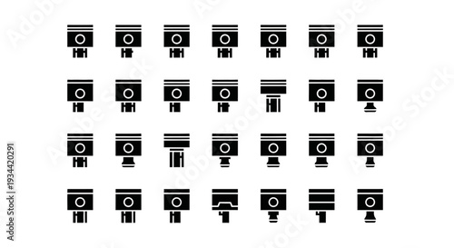 Set of abstract icons representing engine pistons, a common component in internal combustion engines, displayed in a grid