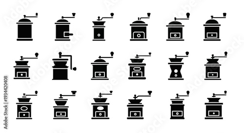 Collection of Vintage and Modern Manual Coffee Grinders Illustrated in Silhouette Style