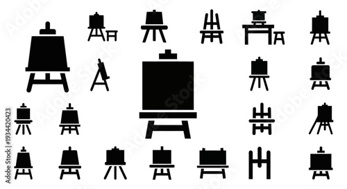 Collection of diverse easel icons for artistic projects, depicting various painting stands with canvases, ideal for graphic design and creative hobby illustrations