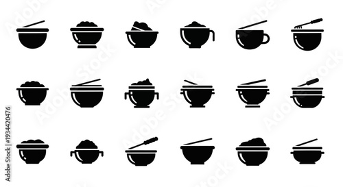 Diverse collection of black silhouette icons featuring various food bowls and eating utensils, perfect for culinary apps, restaurant menus