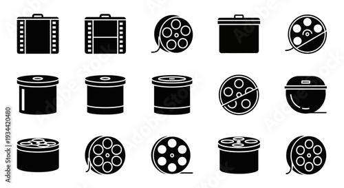 Diverse set of film and cinema vector icons, featuring classic movie reels, film strips, and vintage media equipment silhouettes for graphic design