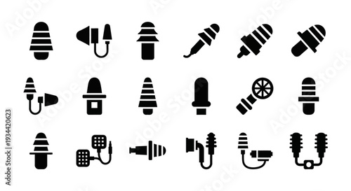 Diverse vector icon collection featuring various electrical plugs, adapters, industrial connectors, and electronic interface components for modern technology designs