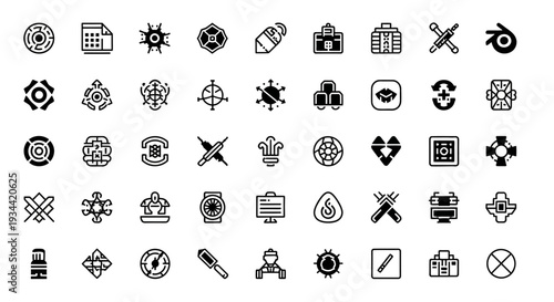 Diverse collection of modern, minimalist icons representing various concepts, perfect for digital interfaces and design projects