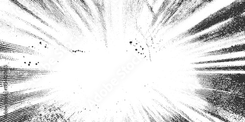 Black and white abstract radial burst pattern with scattered dots and lines