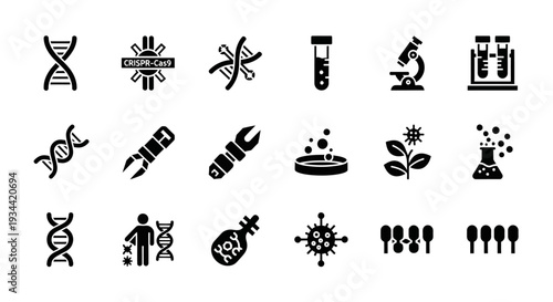Science and biotechnology vector icons for research and innovation. Featuring DNA, genetic engineering, and laboratory tools