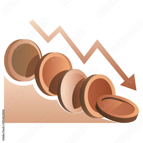 Coins are falling one by one symbolizing a decline. Background shows a downward trend line. Concept of finance, investment, accounting
