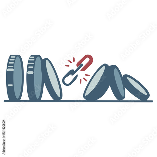 Coins fall one by one in a sequence causing a chain reaction. Simple design on white background showcases dynamic movement. Concept of finance, investment, business
