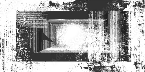 Black and white abstract textured background with concentric squares and grunge effect