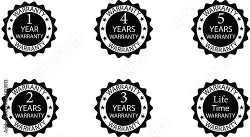 Set of black warranty seal badges with years and lifetime guarantee, star serrated circle icons for product protection and customer service.