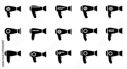 Collection of various professional hairdryer icons in black and white, suitable for beauty salons and hairstyling websites