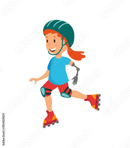 Vector illustration of a girl with a prosthetic leg roller skating.