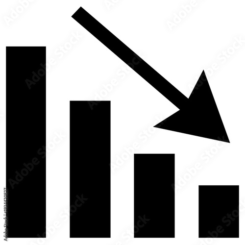 Flat vector icon shows bar chart with varying heights and a downward arrow. Symbolizes decreasing trends in data analysis. Concept of finance, market research, analytics