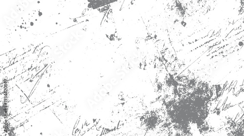 Faded grey handwritten script and ink splatters on a white textured background grunge
