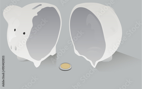 Ceramic piggy bank broken into two pieces with coins placed on clean grey surface. Concept of finance, saving, budgeting. This can be used by financial services, money management, educational sectors