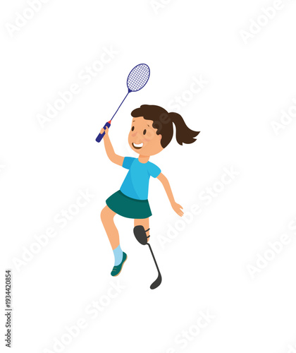 Vector illustration of a girl with a prosthetic leg playing badminton.