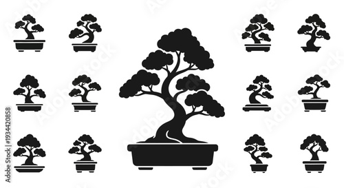 Collection of minimalist bonsai tree icons showcasing diverse artistic styles and pot designs, perfect for branding and decorative use