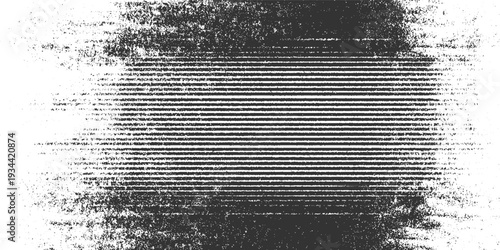 Black and white horizontal lines with distressed texture and scattered speckles abstract background