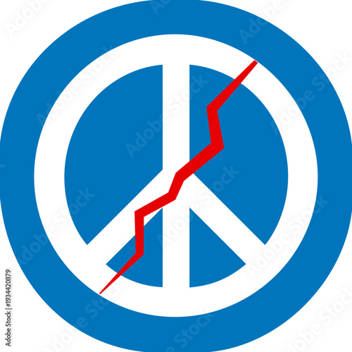 White peace sign icon features a red crack breaking through the symbol. Clear blue background emphasizes contrast and tension. Concept of social activism, conflict awareness, art design