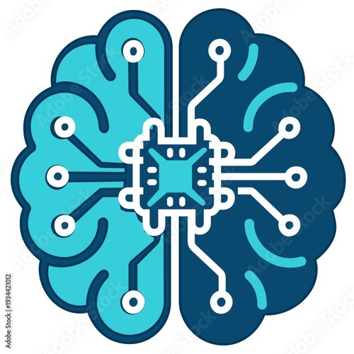 Brain shape design blended with circuit patterns illustrating the connection between technology and thought processes. Concept of education, research, innovation