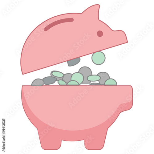 Piggy bank split in two with coins spilling out. Simple design focusing on financial savings. Concept of finance, budgeting, banking