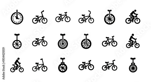 Collection of various bicycle and unicycle icons in a grid layout, showcasing different styles and wheel configurations