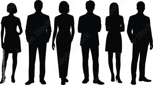 Set of black silhouettes featuring diverse professional business men and women in formal office attire standing together isolated on white background for corporate team concept