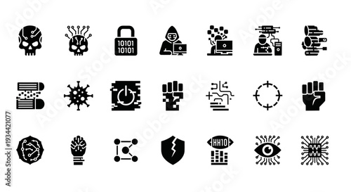 Digital security icons representing cybersecurity concepts like hacking, data protection, and cyber threats, presented in a modern, minimalist style