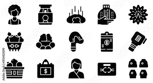 Collection of black and white icons representing various concepts like food, business, and technology for diverse applications