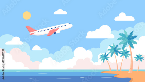 Airplane flies over a paradise beach. A tourist plane flies over a tropical beach. Travel and summer vacation concept. Vector landscape illustration of a tropical beach.