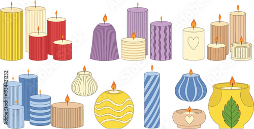 Decorative candle collection vector illustration colorful burning candles cozy home decor set isolated design