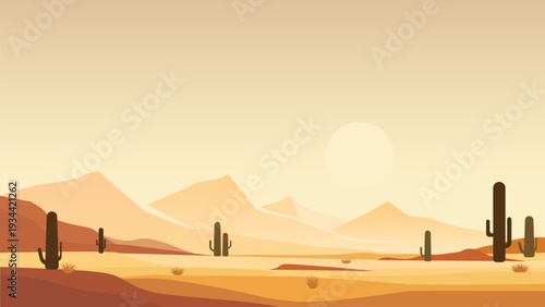 Beautiful desert landscape at sunset. Desert with cacti and plants, canyon, and mountains. Wild desert background. Wild West. Vector illustration.
