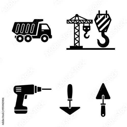 Construction equipment icons: dump truck, crane, hook, drill, trowels